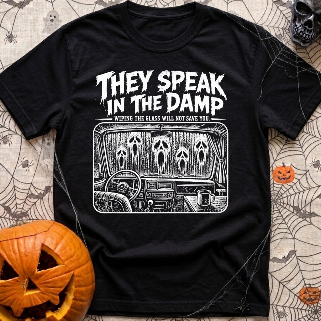 Dampening My Spirits - T-Shirt in Black - A distressed white line-drawing showing the interior dashboard of a van with a...