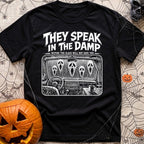 Dampening My Spirits - T-Shirt in Black - A distressed white line-drawing showing the interior dashboard of a van with a...