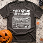Dampening My Spirits - T-Shirt in Graphite - A distressed white line-drawing showing the interior dashboard of a van with...
