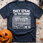 Dampening My Spirits - T-Shirt in Navy - A distressed white line-drawing showing the interior dashboard of a van with a...