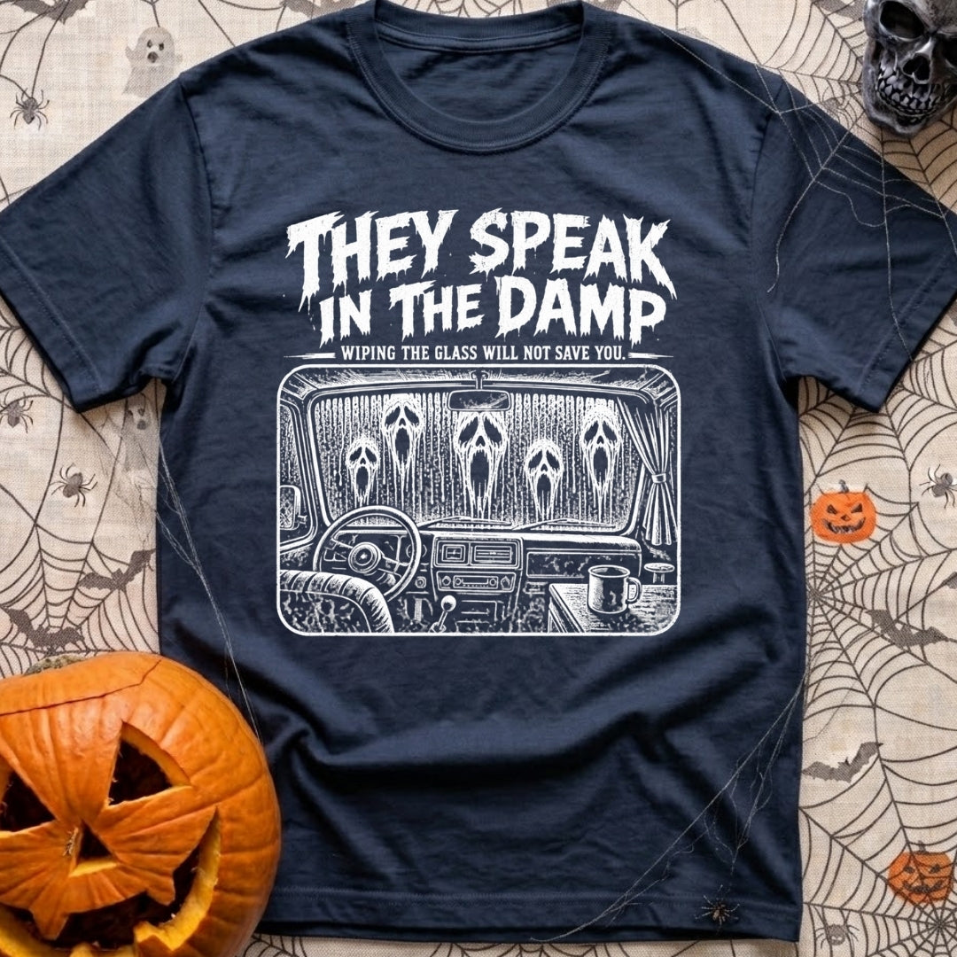 Dampening My Spirits - T-Shirt in Navy - A distressed white line-drawing showing the interior dashboard of a van with a...