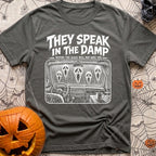 Dampening My Spirits - T-Shirt in Pepper - A distressed white line-drawing showing the interior dashboard of a van with a...