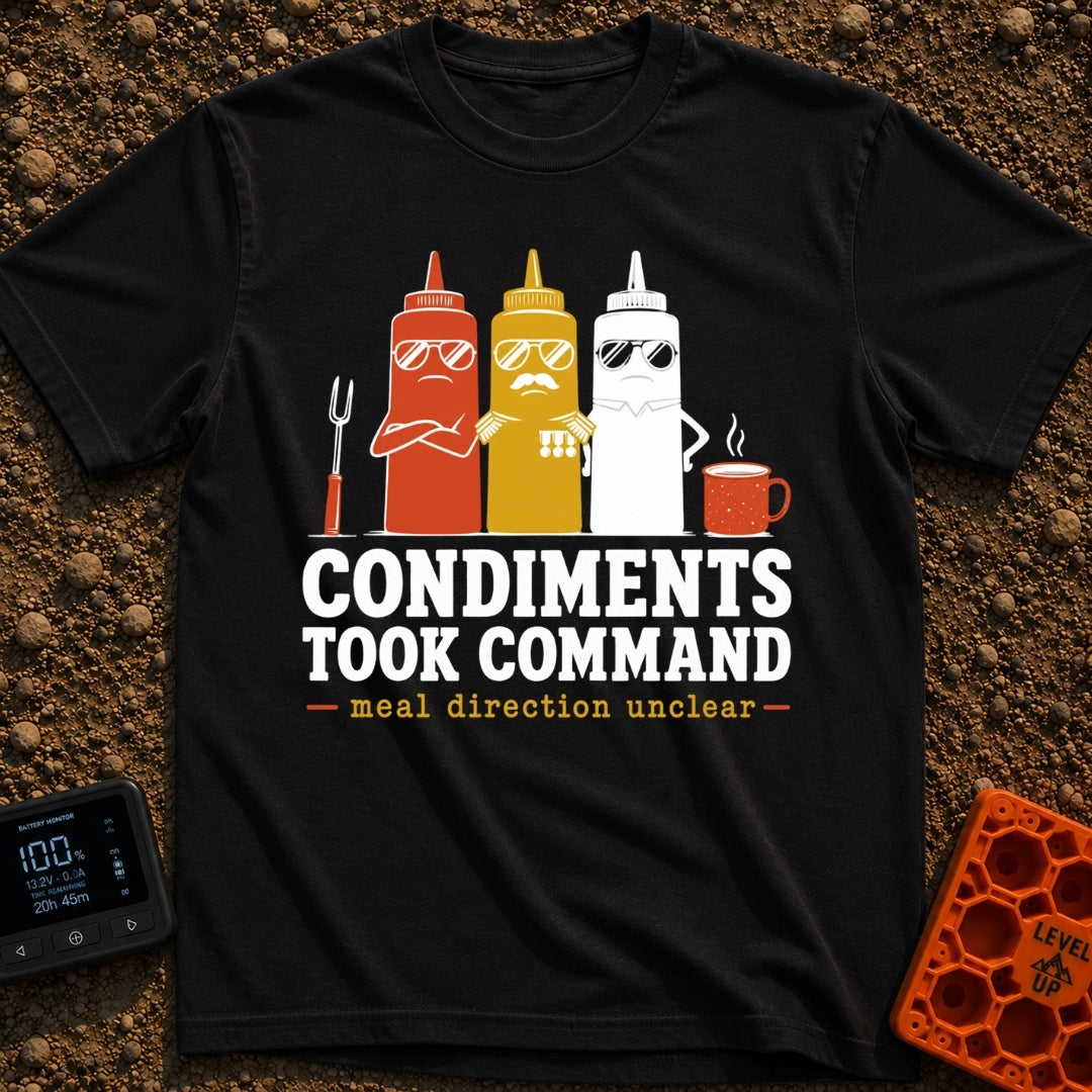 Condiments Take The Wheel - T-Shirt in Black - Three cartoon condiment bottles—ketchup, mustard, and mayonnaise—wearing...