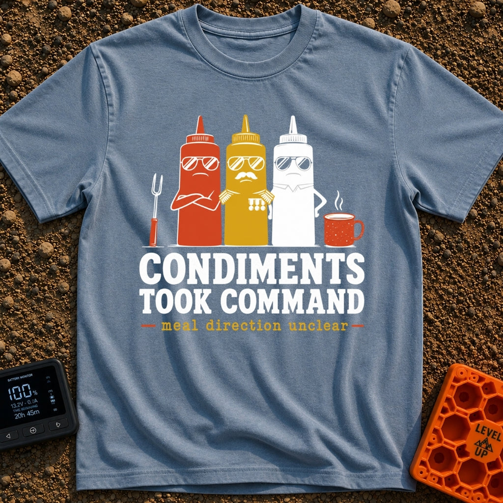 Condiments Take The Wheel - T-Shirt in Blue Jean - Three cartoon condiment bottles—ketchup, mustard, and...