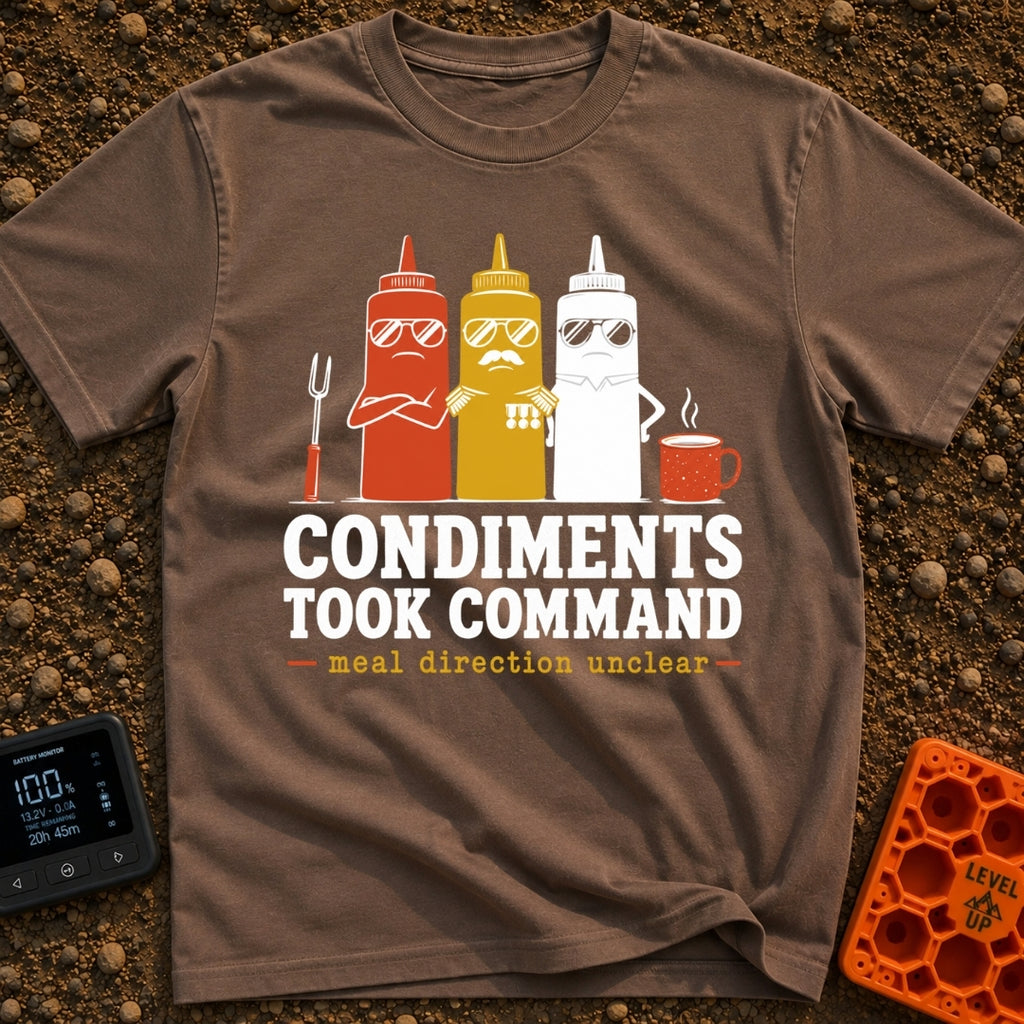 Condiments Take The Wheel - T-Shirt in Espresso - Three cartoon condiment bottles—ketchup, mustard, and...