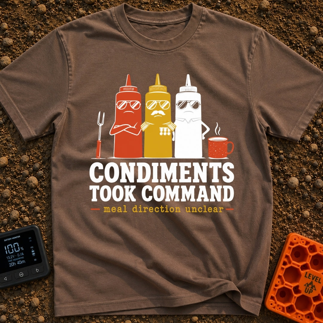 Condiments Take The Wheel - T-Shirt in Espresso - Three cartoon condiment bottles—ketchup, mustard, and...