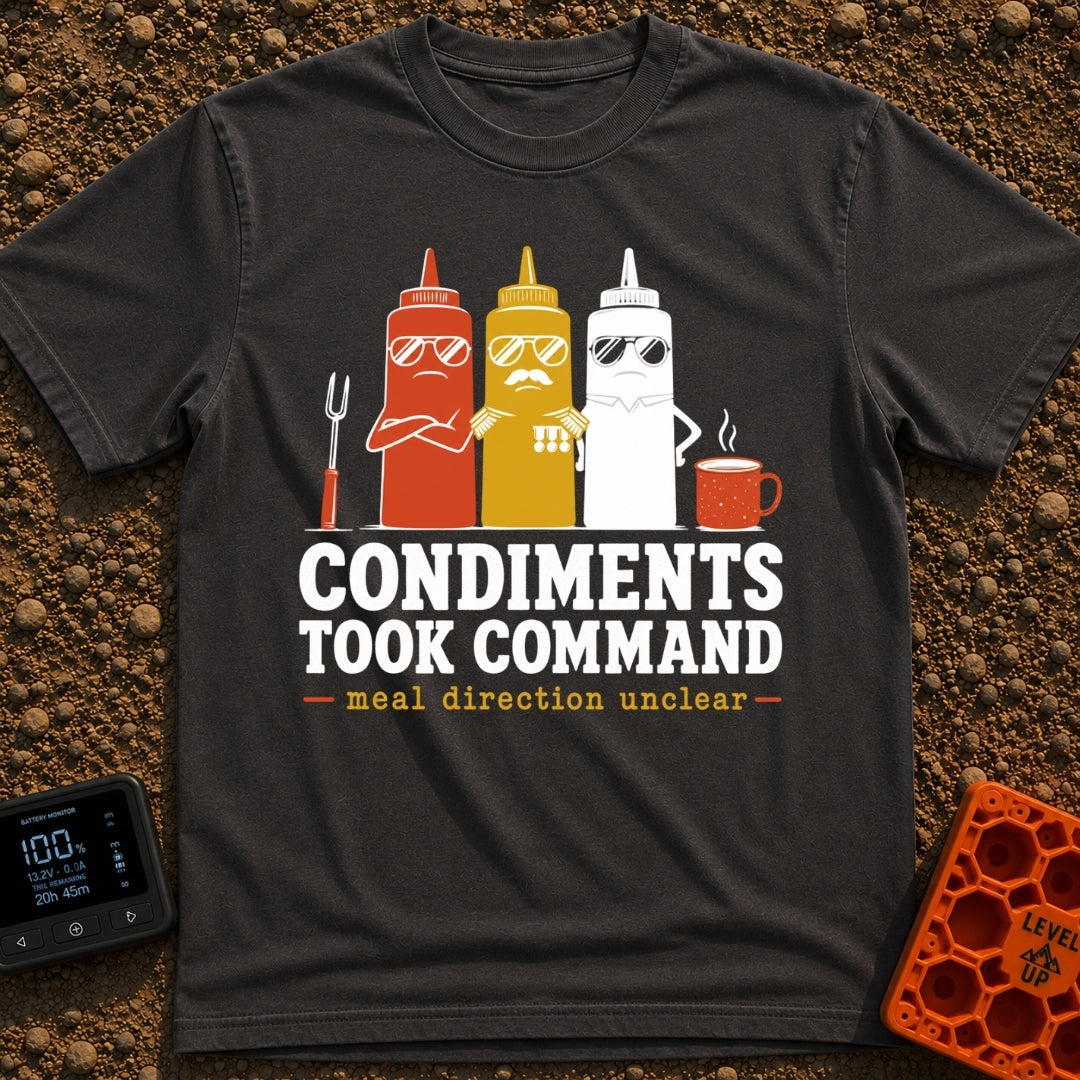 Condiments Take The Wheel - T-Shirt in Graphite - Three cartoon condiment bottles—ketchup, mustard, and...