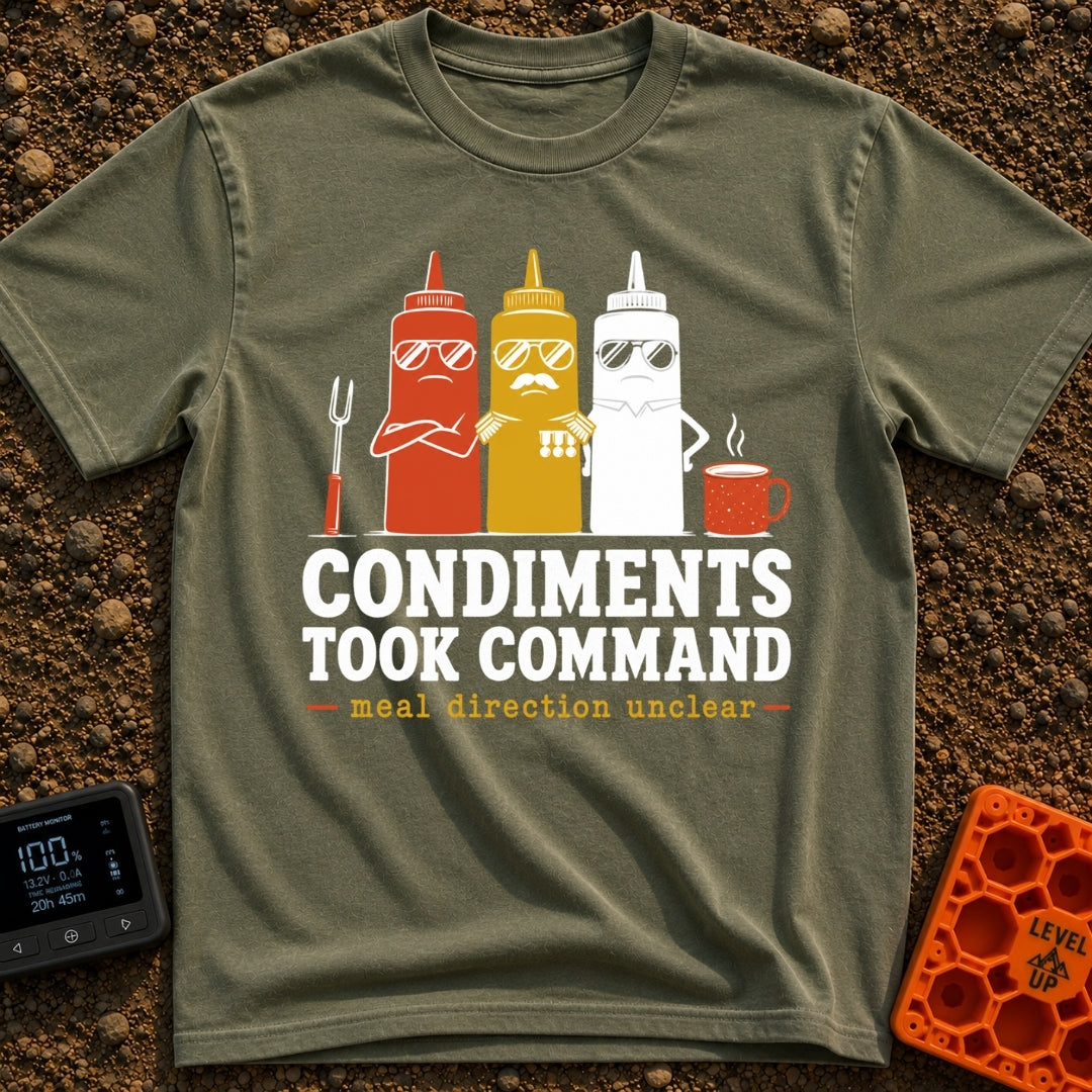 Condiments Take The Wheel - T-Shirt in Moss - Three cartoon condiment bottles—ketchup, mustard, and mayonnaise—wearing...