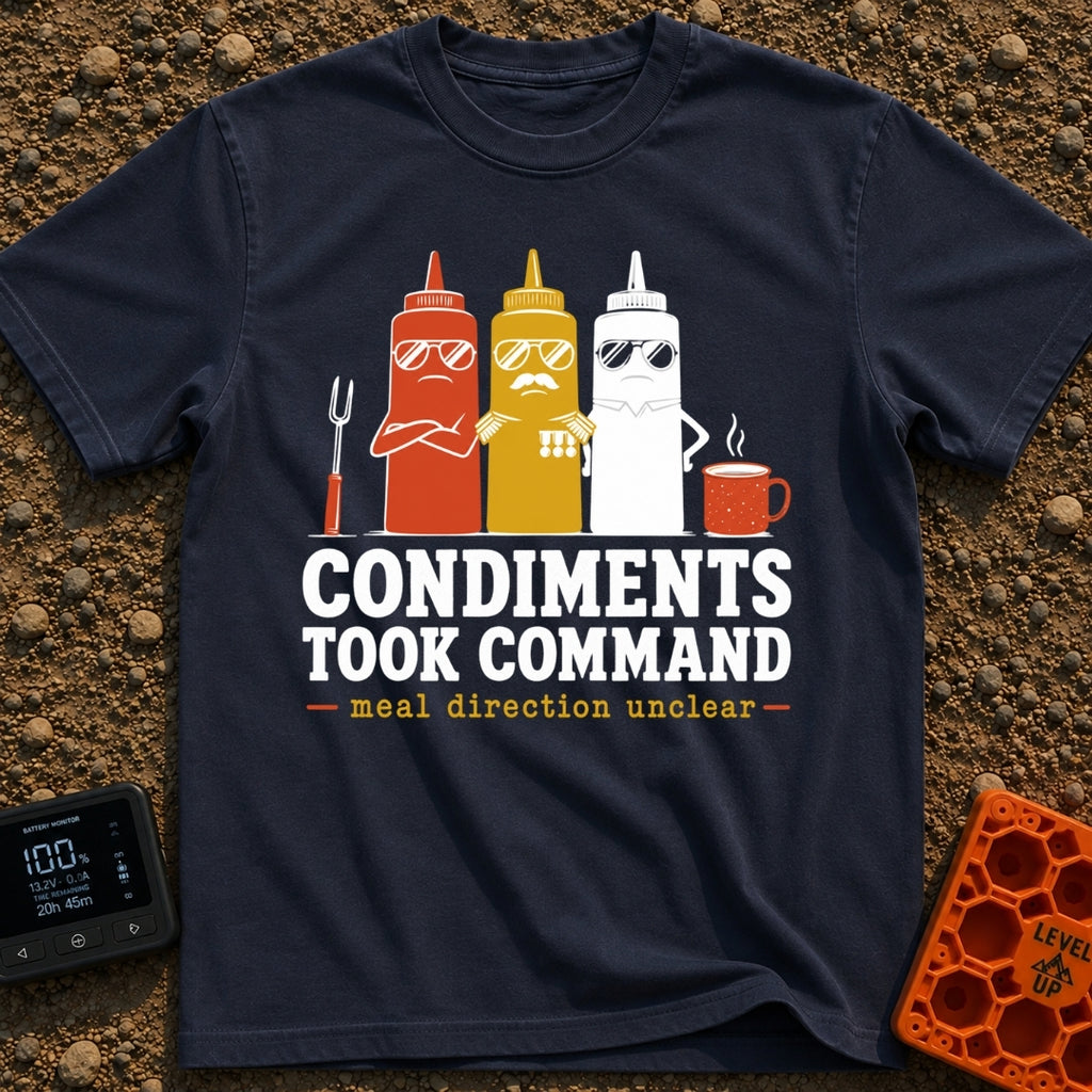 Condiments Take The Wheel - T-Shirt in Navy - Three cartoon condiment bottles—ketchup, mustard, and mayonnaise—wearing...