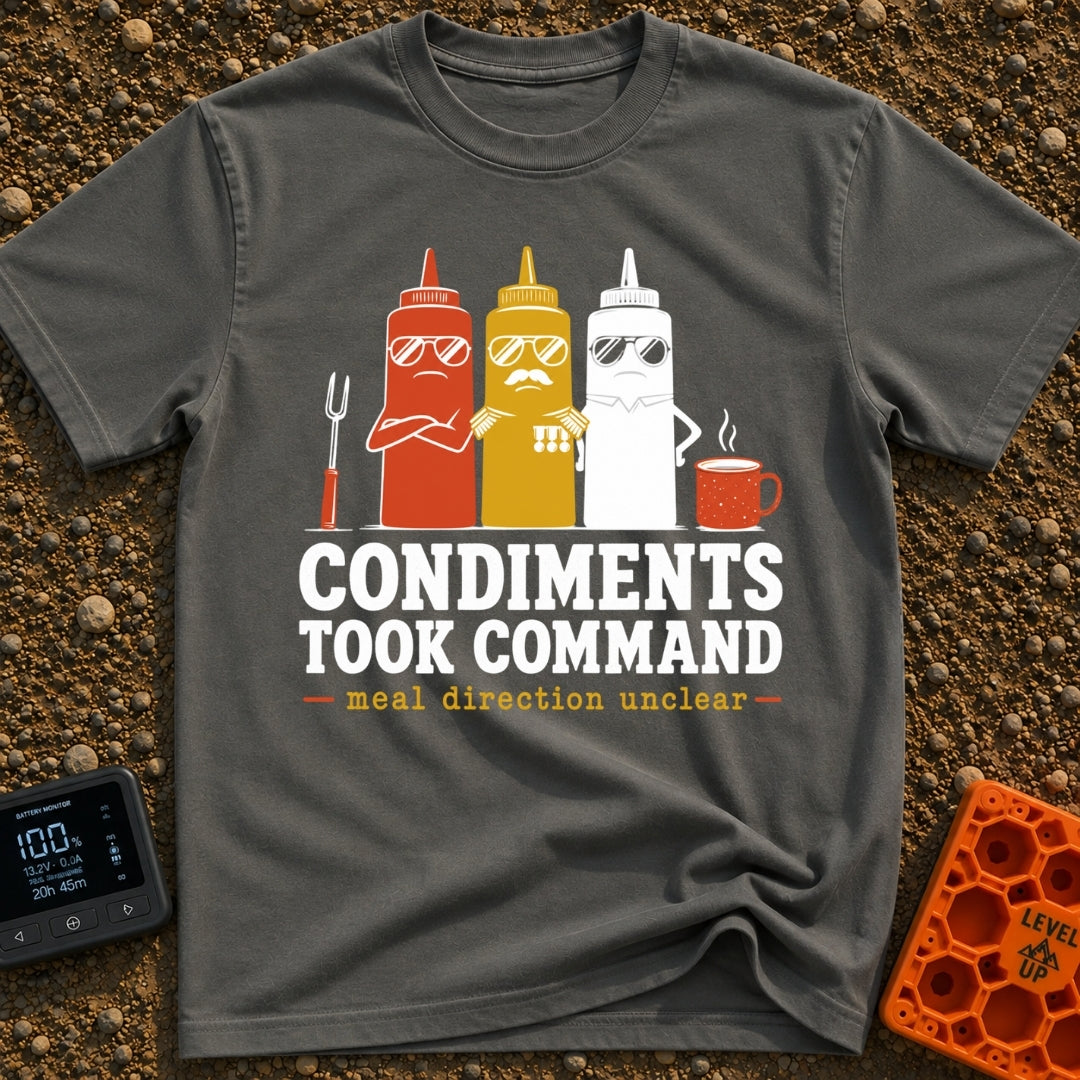 Condiments Take The Wheel - T-Shirt in Pepper - Three cartoon condiment bottles—ketchup, mustard, and mayonnaise—wearing...