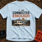 Just Connected Enough - T-Shirt in Chambray - A white camper van parked on a dirt path overlooking a lake, pine trees,...