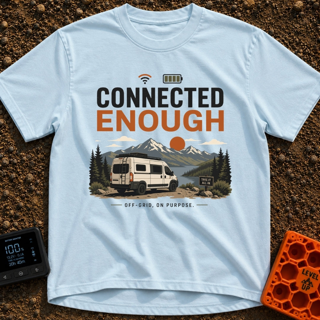 Just Connected Enough - T-Shirt in Chambray - A white camper van parked on a dirt path overlooking a lake, pine trees,...