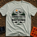 Connected To Nothing - T-Shirt in Bay - A circular nature scene showing an orange sun, birds, mountains, pine trees, and...