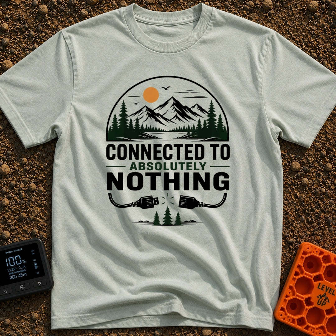 Connected To Nothing - T-Shirt in Bay - A circular nature scene showing an orange sun, birds, mountains, pine trees, and...