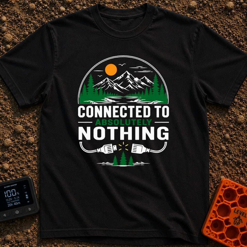 Connected To Nothing - T-Shirt in Black - A circular nature scene showing an orange sun, birds, mountains, pine trees,...