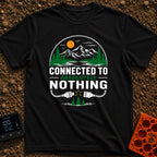 Connected To Nothing - T-Shirt in Black - A circular nature scene showing an orange sun, birds, mountains, pine trees,...