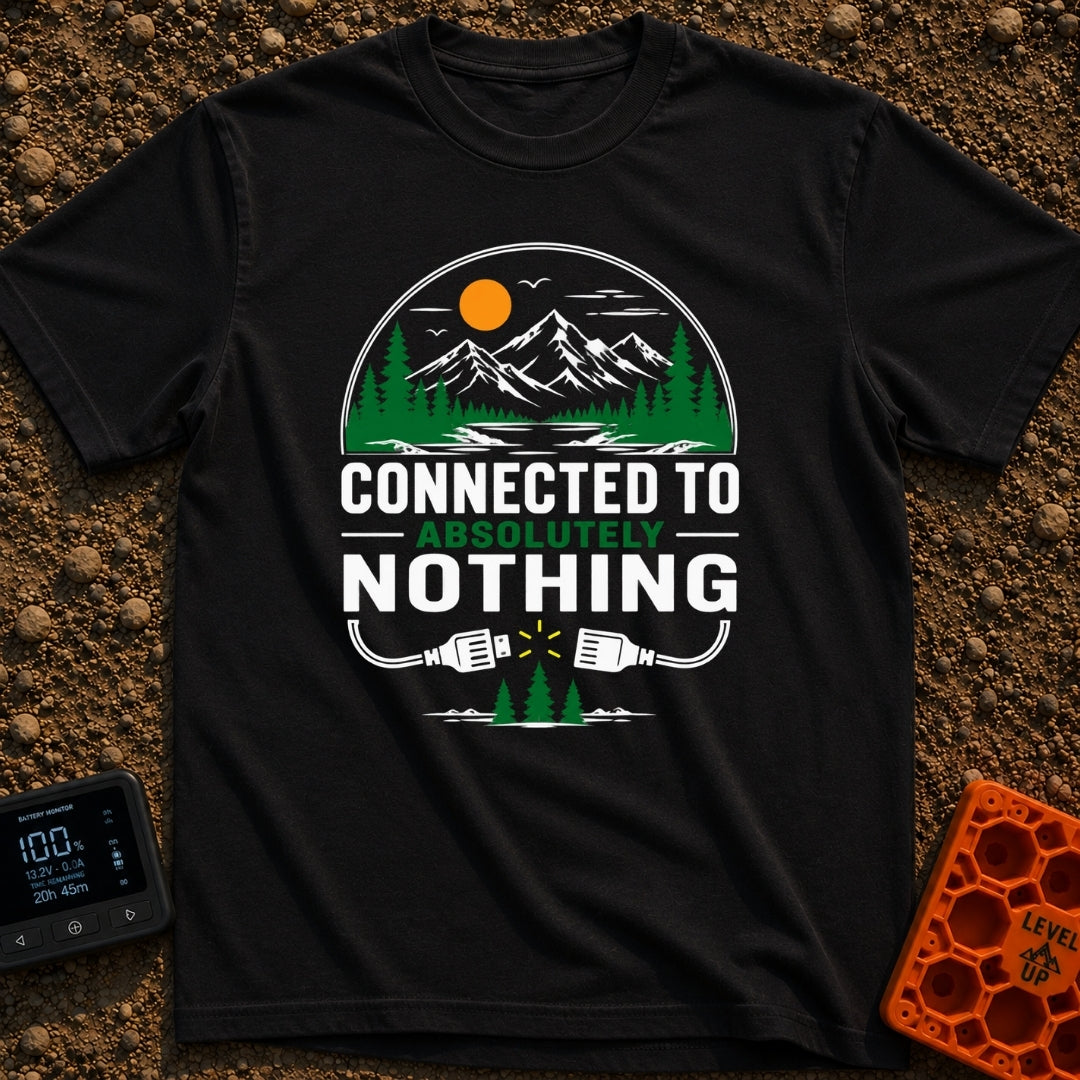 Connected To Nothing - T-Shirt in Black - A circular nature scene showing an orange sun, birds, mountains, pine trees,...