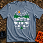Connected To Nothing - T-Shirt in Blue Jean - A circular nature scene showing an orange sun, birds, mountains, pine...