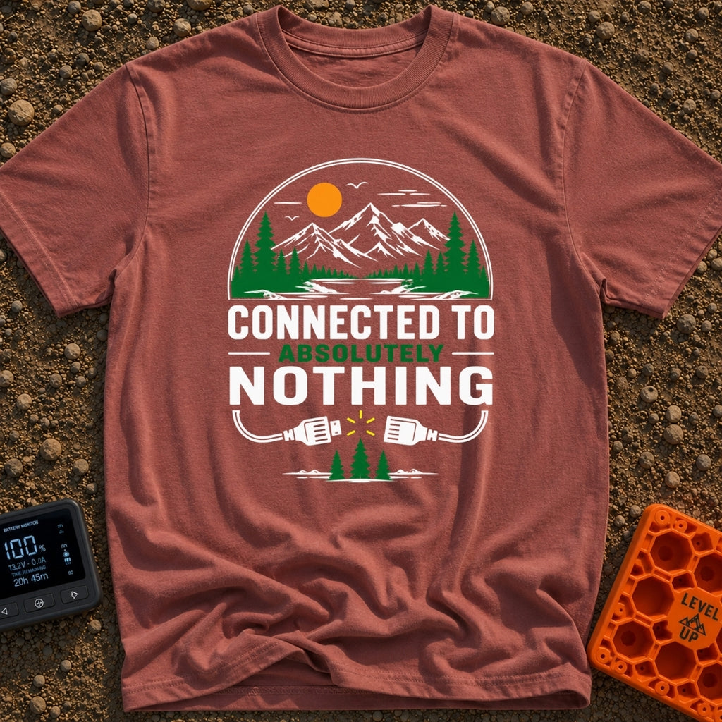 Connected To Nothing - T-Shirt in Brick - A circular nature scene showing an orange sun, birds, mountains, pine trees,...