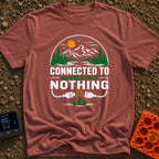 Connected To Nothing - T-Shirt in Brick - A circular nature scene showing an orange sun, birds, mountains, pine trees,...