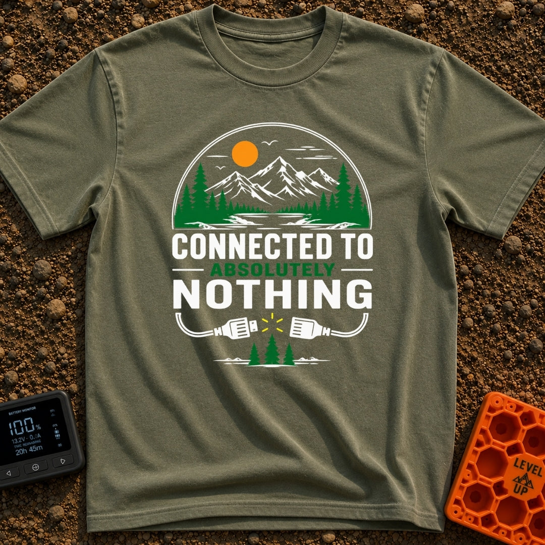 Connected To Nothing - T-Shirt in Moss - A circular nature scene showing an orange sun, birds, mountains, pine trees, and...