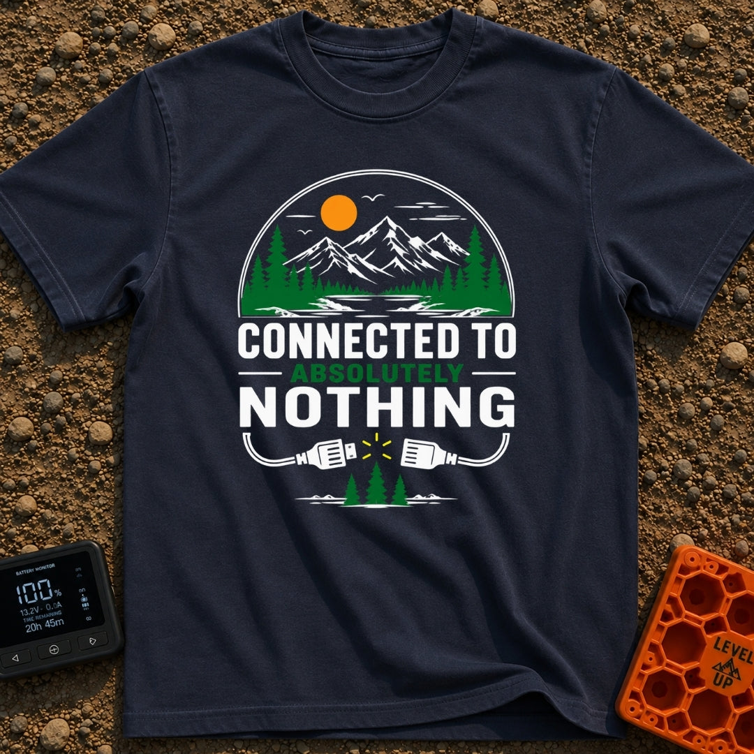 Connected To Nothing - T-Shirt in Navy - A circular nature scene showing an orange sun, birds, mountains, pine trees, and...