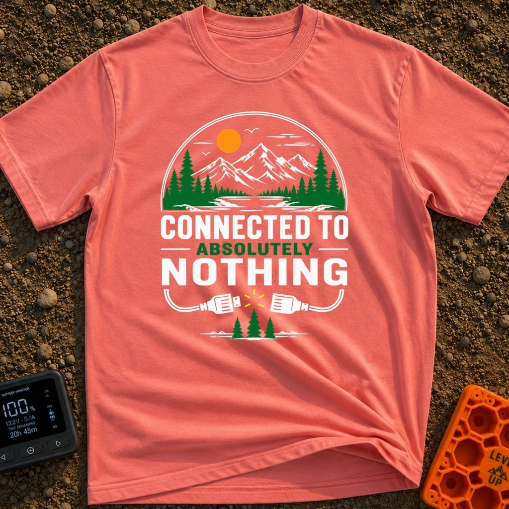Connected To Nothing - T-Shirt in Watermelon - A circular nature scene showing an orange sun, birds, mountains, pine...