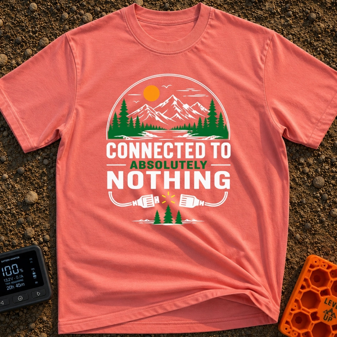 Connected To Nothing - T-Shirt in Watermelon - A circular nature scene showing an orange sun, birds, mountains, pine...
