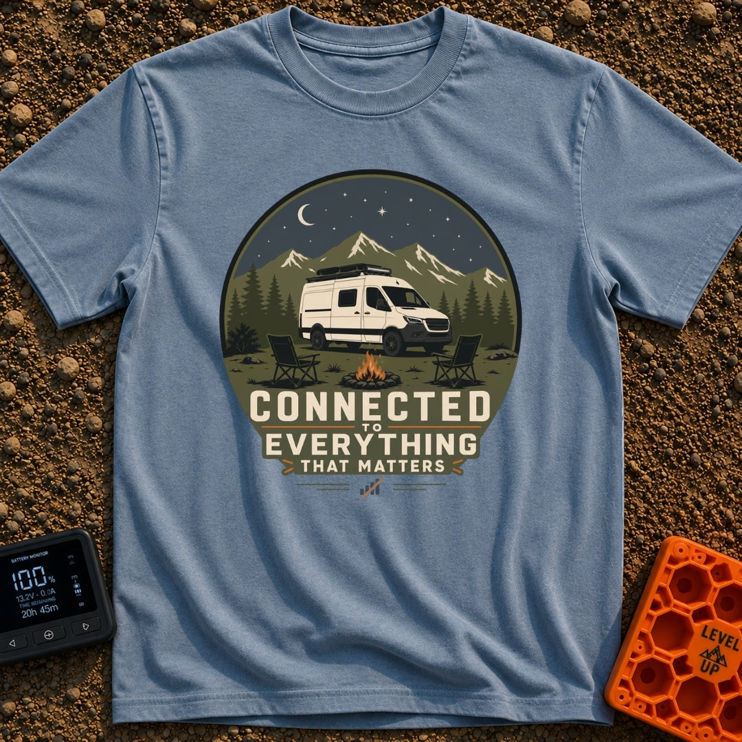 Connected To What Matters - T-Shirt in Blue Jean - A white camper van parked at night in a mountainous forest setting,...