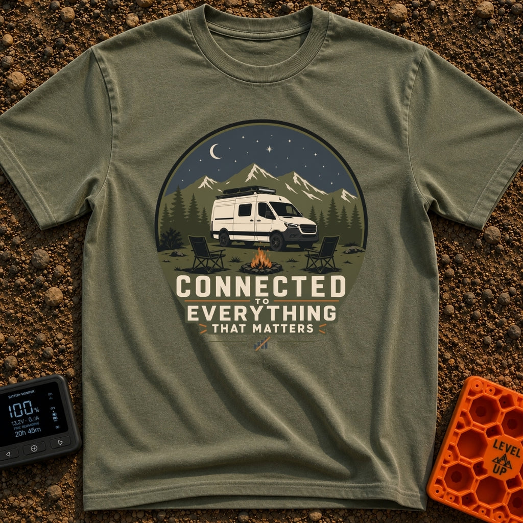 Connected To What Matters - T-Shirt in Moss - A white camper van parked at night in a mountainous forest setting,...