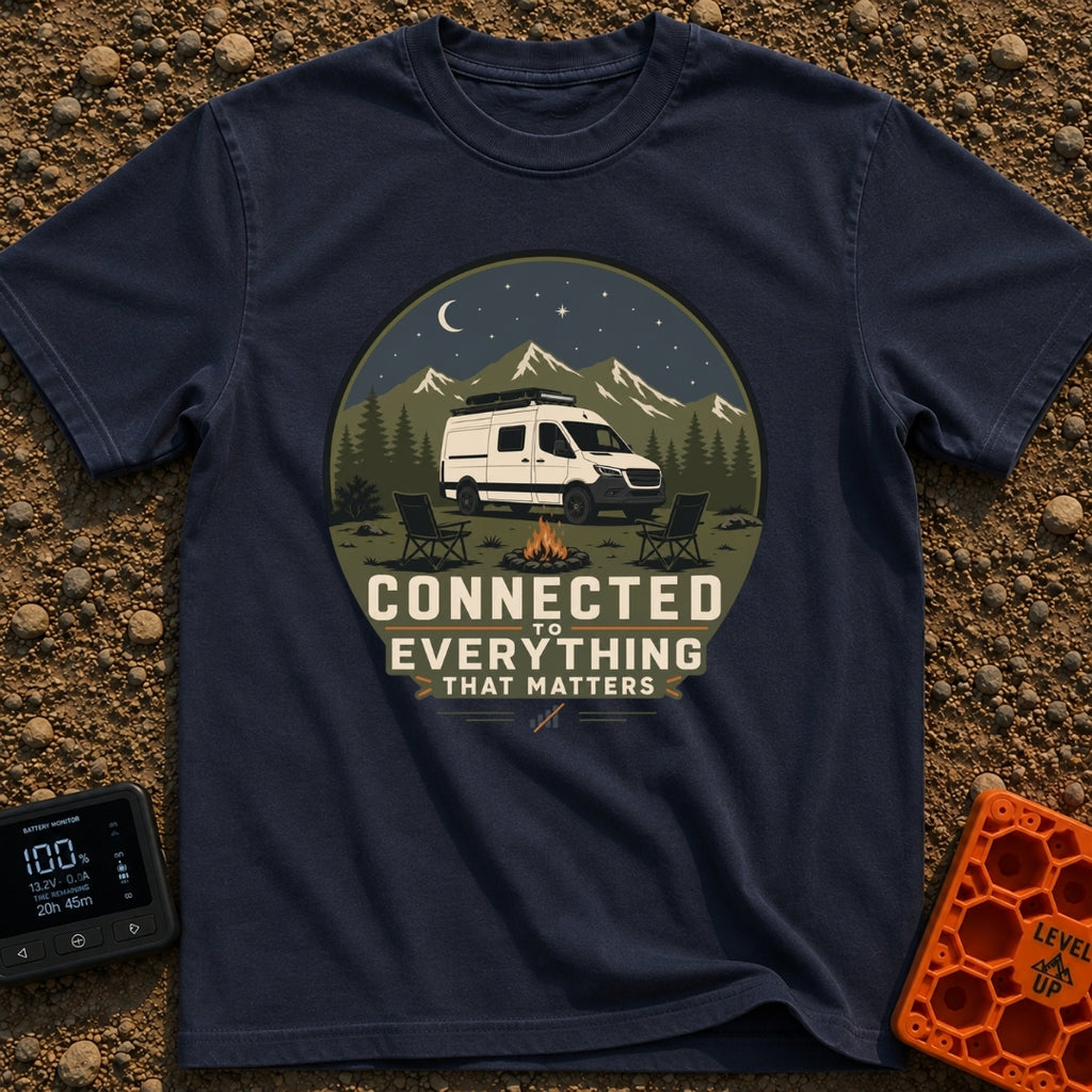 Connected To What Matters - T-Shirt in Navy - A white camper van parked at night in a mountainous forest setting,...