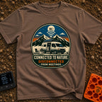 Off Grid On Mute - T-Shirt in Espresso - A badge-style graphic of a camper van parked in front of mountains with a solar...