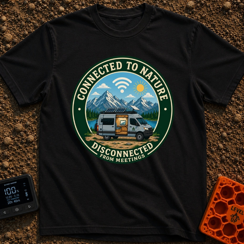 Nature Calls, Wi-Fi Falls - T-Shirt in Black - A circular badge design featuring a camper van parked by a mountain lake...
