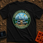 Nature Calls, Wi-Fi Falls - T-Shirt in Black - A circular badge design featuring a camper van parked by a mountain lake...