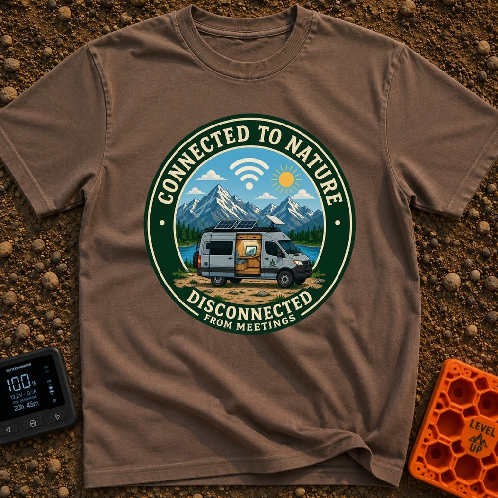 Nature Calls, Wi-Fi Falls - T-Shirt in Espresso - A circular badge design featuring a camper van parked by a mountain...