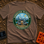 Nature Calls, Wi-Fi Falls - T-Shirt in Espresso - A circular badge design featuring a camper van parked by a mountain...