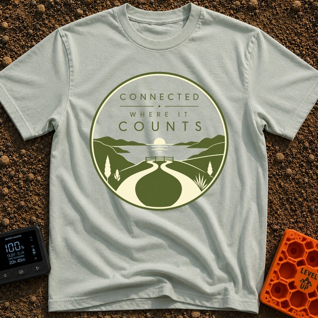 Connected Where It Matters - T-Shirt in Bay - A circular badge design in olive green and cream featuring the text...