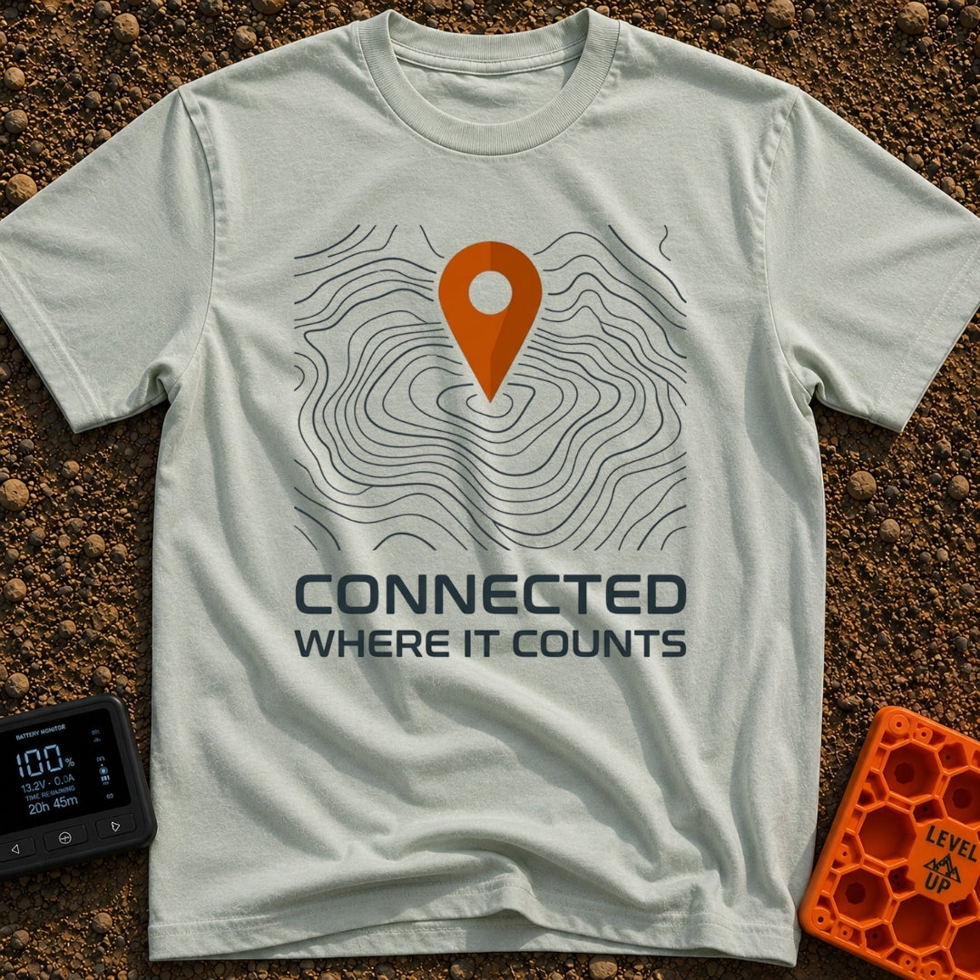 Where It Counts - T-Shirt in Bay - A graphic featuring a stylized orange map pin pointing downward onto a background of...