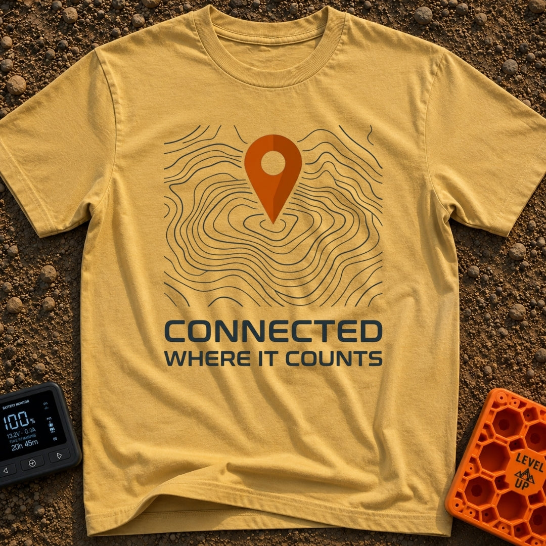 Where It Counts - T-Shirt in Mustard - A graphic featuring a stylized orange map pin pointing downward onto a background...