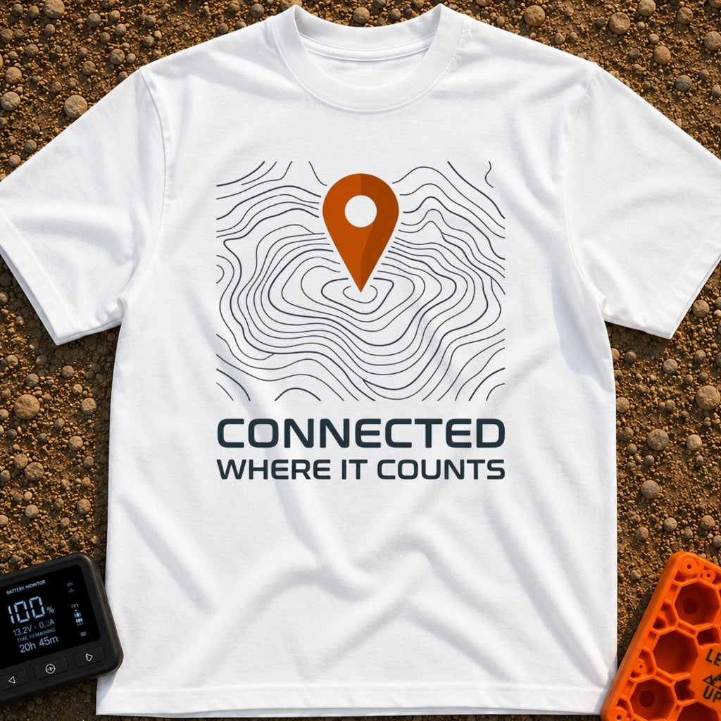 Where It Counts - T-Shirt in White - A graphic featuring a stylized orange map pin pointing downward onto a background of...