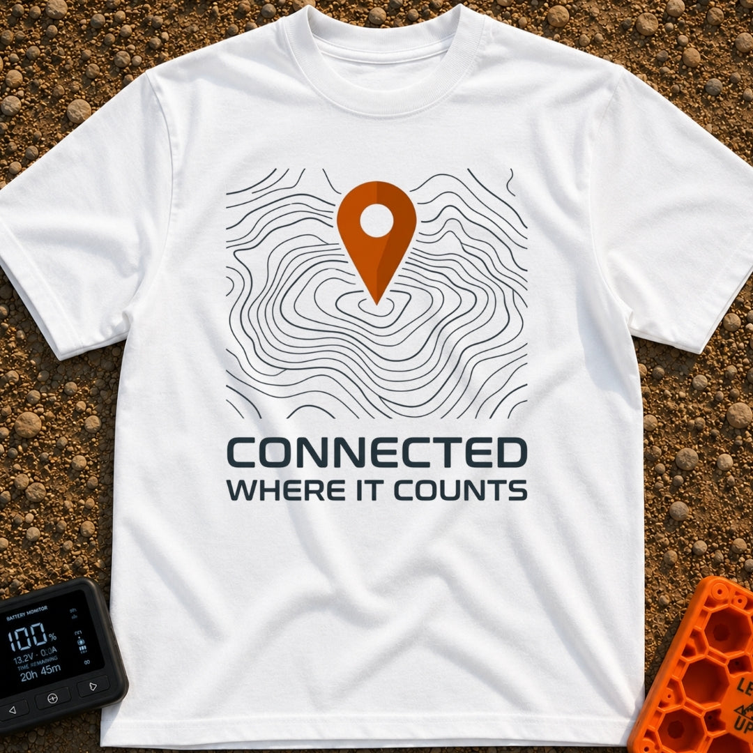 Where It Counts - T-Shirt in White - A graphic featuring a stylized orange map pin pointing downward onto a background of...
