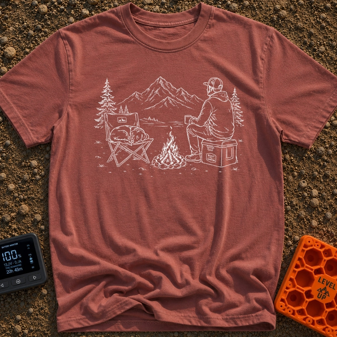 Cooler Recess Recharge - T-Shirt in Brick - A line drawing of a person sitting on a cooler by a campfire, holding a mug...