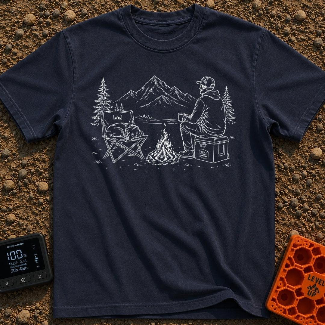 Cooler Recess Recharge - T-Shirt in Navy - A line drawing of a person sitting on a cooler by a campfire, holding a mug...