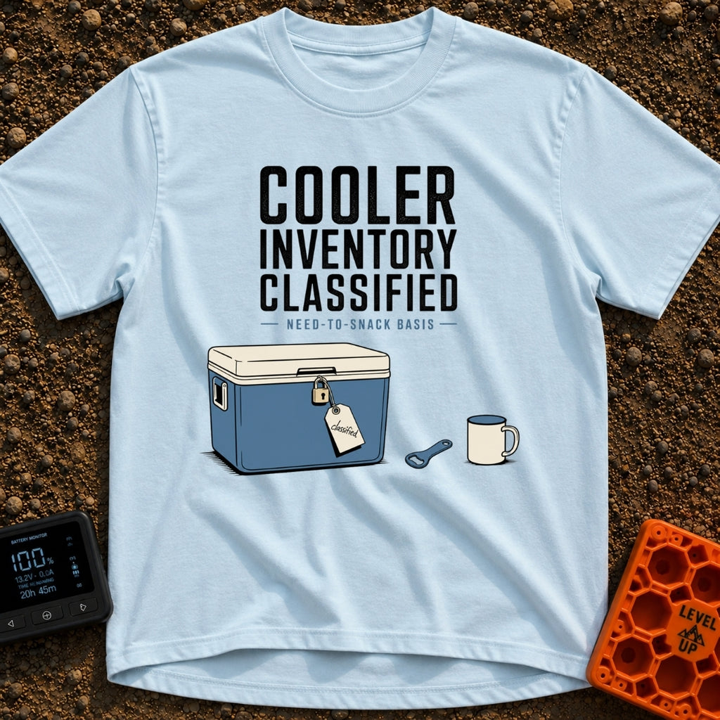 My Cooler Is Classified - T-Shirt in Chambray - An illustration of a blue cooler secured with a padlock and a tag labeled...