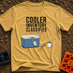 My Cooler Is Classified - T-Shirt in Mustard - An illustration of a blue cooler secured with a padlock and a tag labeled...