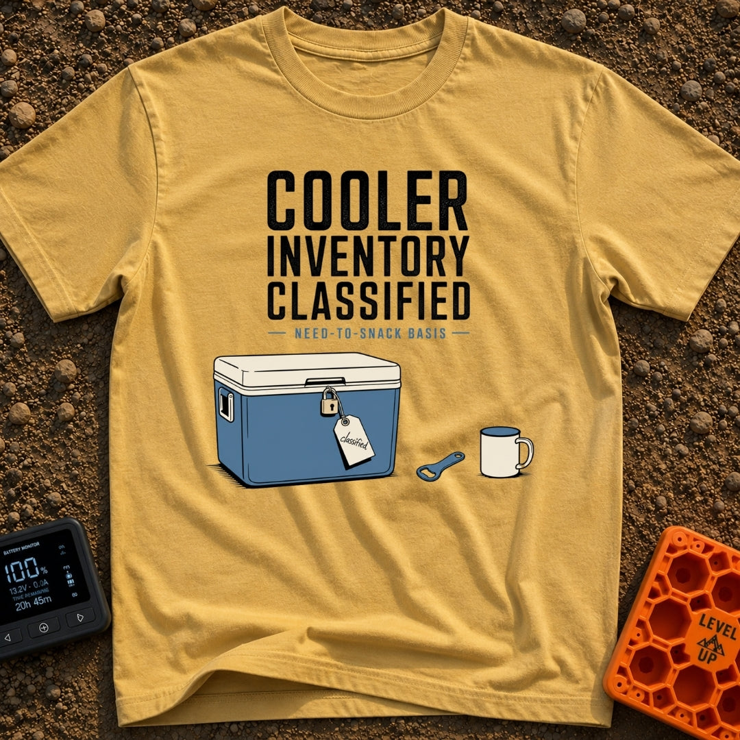 My Cooler Is Classified - T-Shirt in Mustard - An illustration of a blue cooler secured with a padlock and a tag labeled...