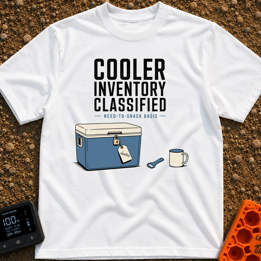 My Cooler Is Classified - T-Shirt in White - An illustration of a blue cooler secured with a padlock and a tag labeled...