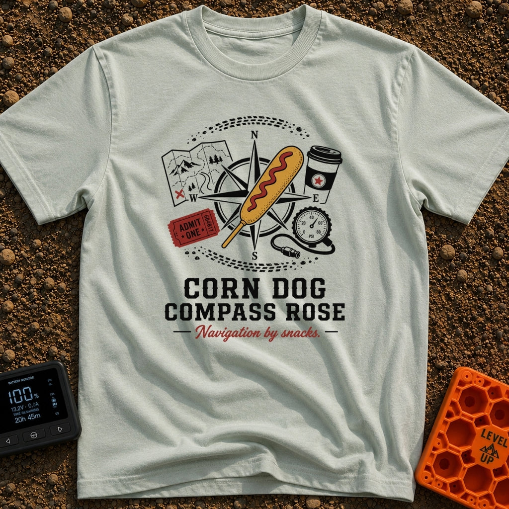 Snacks Guide Me - T-Shirt in Bay - An illustration of a compass rose overlaid with a large corn dog, surrounded by a...