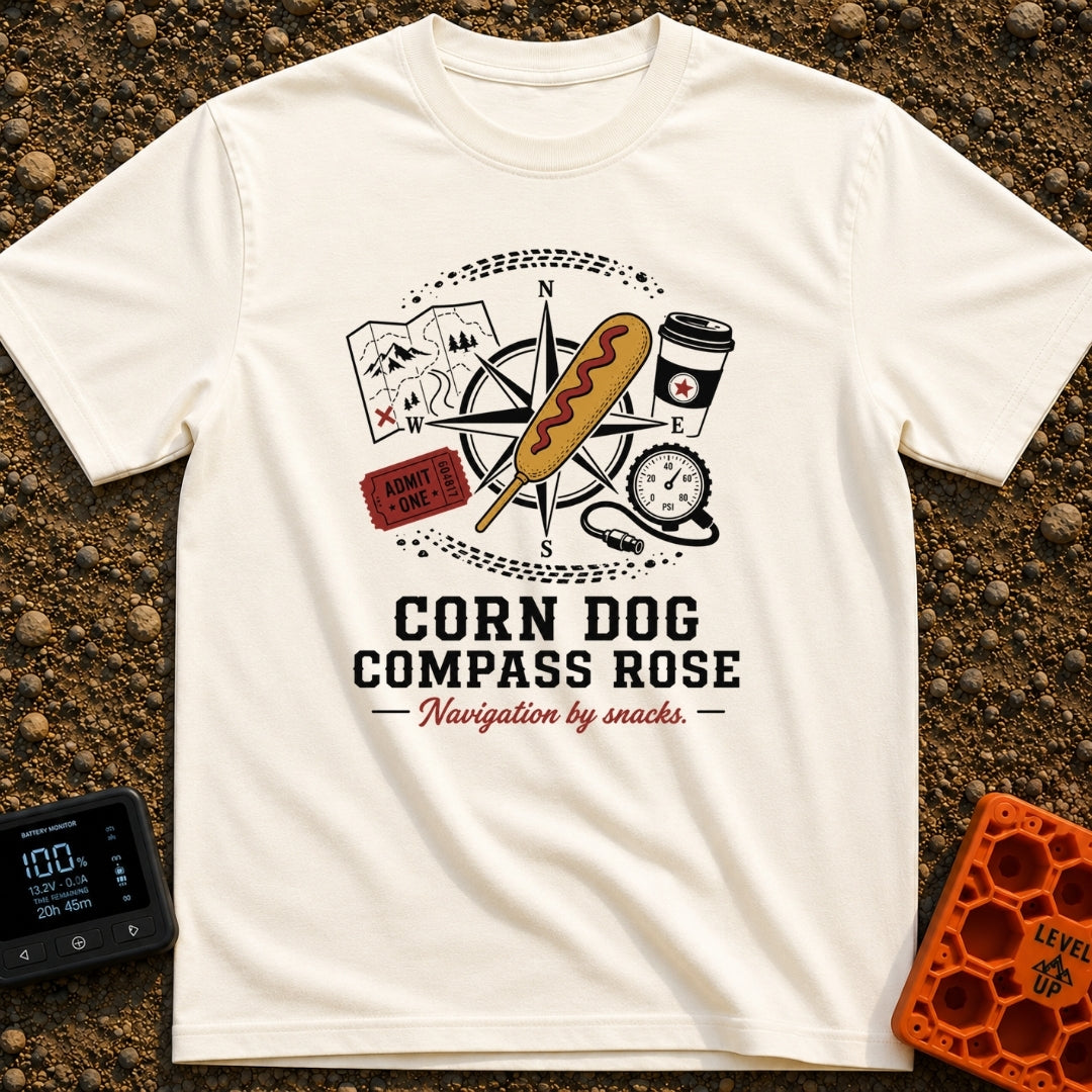 Snacks Guide Me - T-Shirt in Ivory - An illustration of a compass rose overlaid with a large corn dog, surrounded by a...
