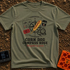 Snacks Guide Me - T-Shirt in Moss - An illustration of a compass rose overlaid with a large corn dog, surrounded by a...